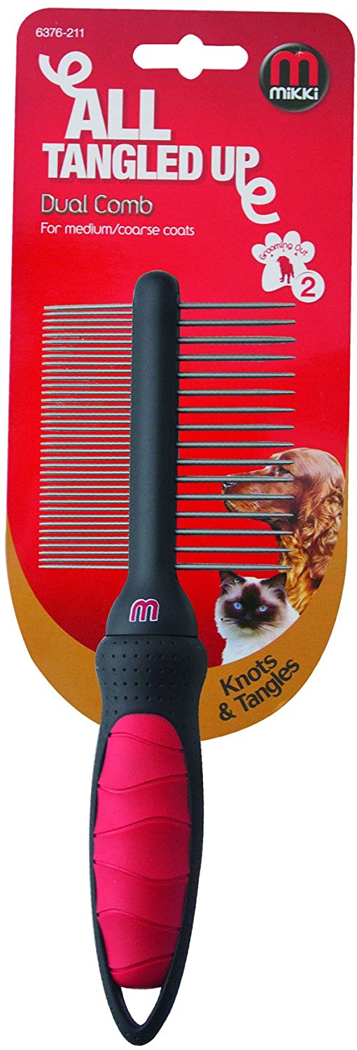 Mikki Dog, Cat Dual Comb -Double Sided Shedding Brush Removes Knots, Tangles -for Med and Coarse Coats