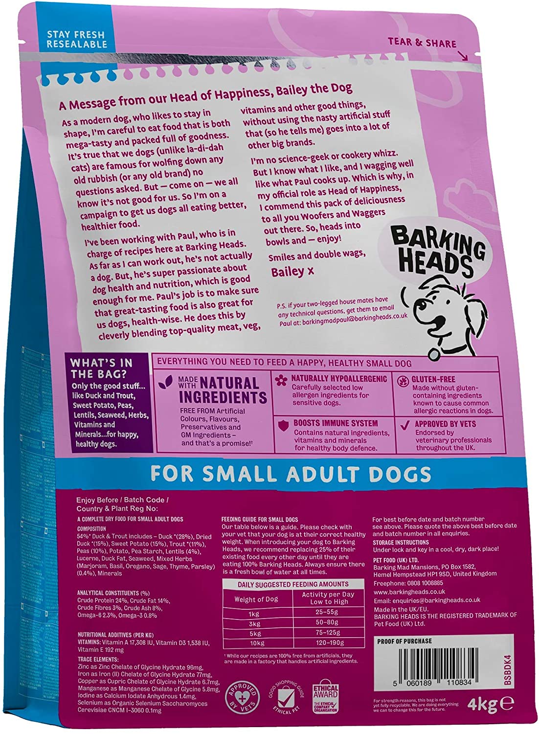 Barking Heads Dry Dog Food for Small Breeds - Doggylicious Duck - 100% Natural Free-Run Duck with Hypoallergenic Ingredients, Grain-Free Recipe, 4 kg - Image 2