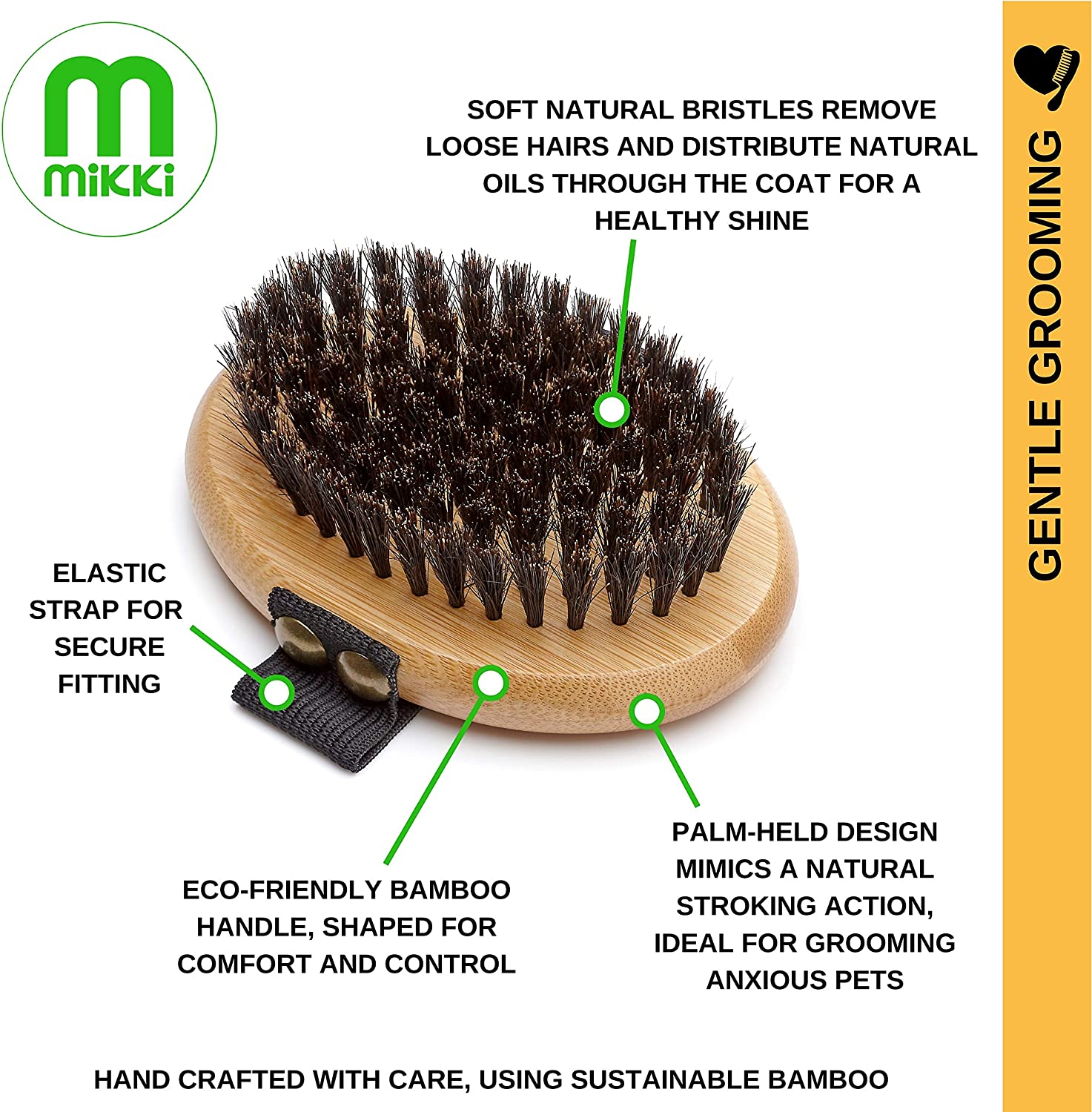 Mikki Bamboo Bristle Palm Brush for Gentle Grooming, for Dog, Cat, Puppy with Short Hair Smooth Coats, Handmade from Natural Sustainable Bamboo - Image 4