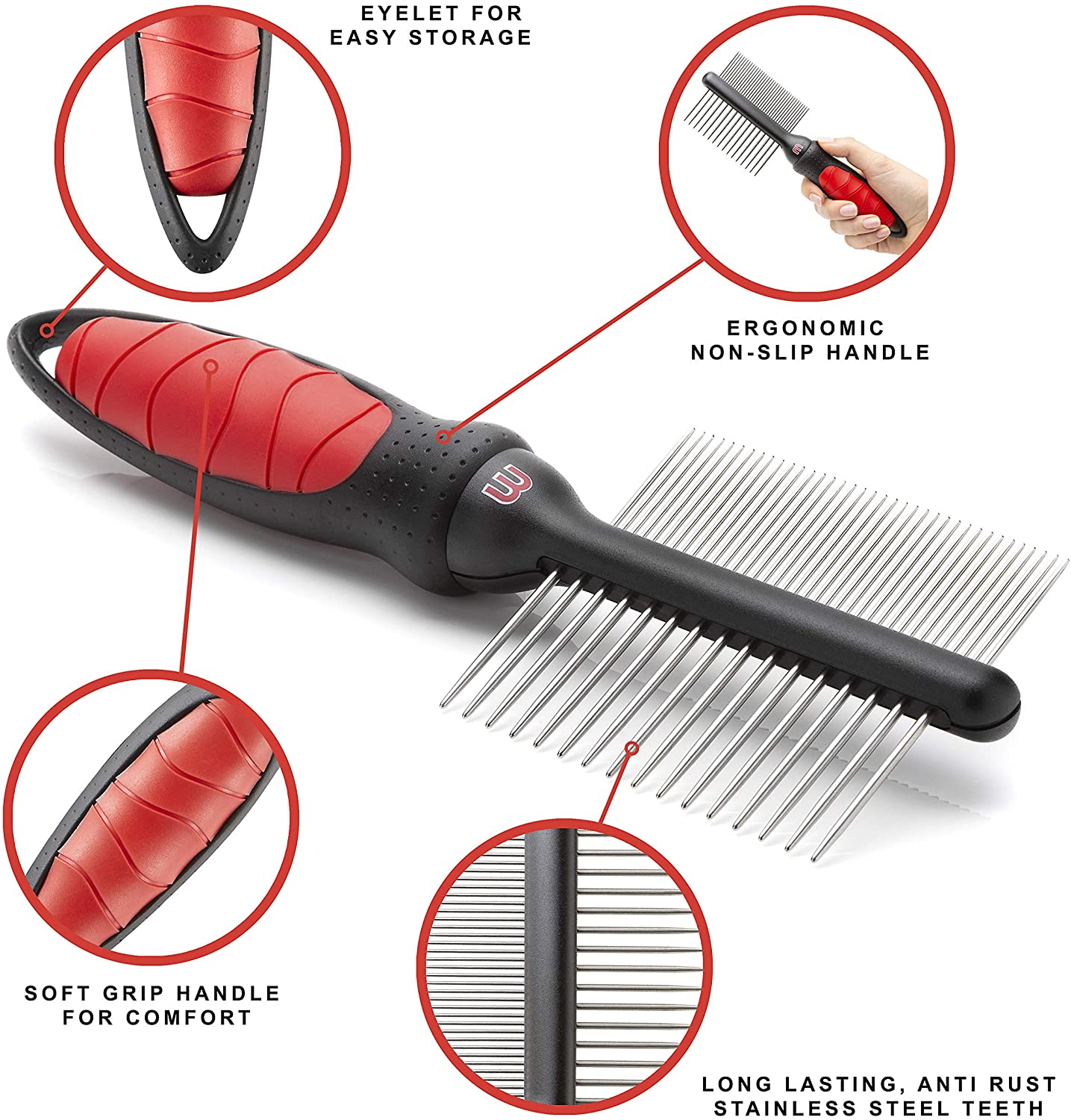 Mikki Dog, Cat Dual Comb -Double Sided Shedding Brush Removes Knots, Tangles -for Med and Coarse Coats - Image 3