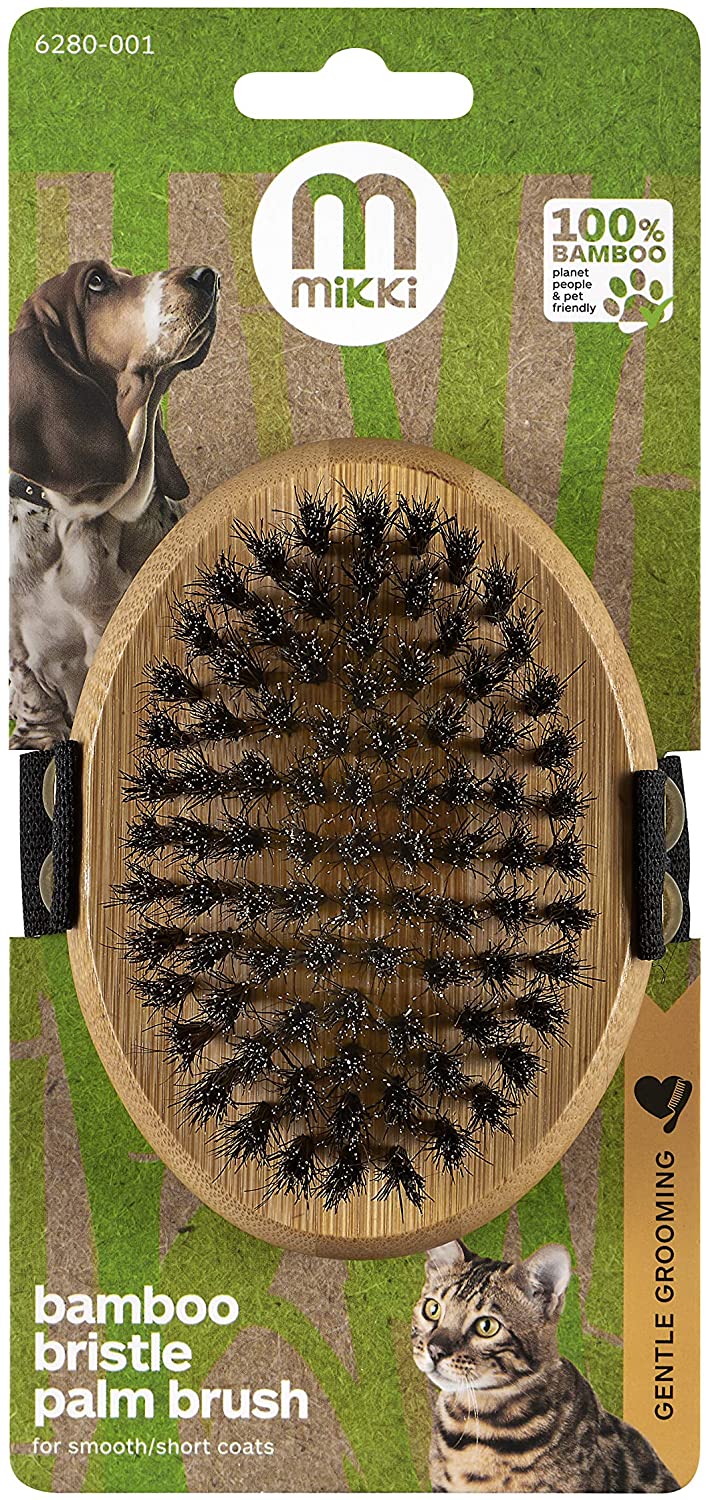 Mikki Bamboo Bristle Palm Brush for Gentle Grooming, for Dog, Cat, Puppy with Short Hair Smooth Coats, Handmade from Natural Sustainable Bamboo